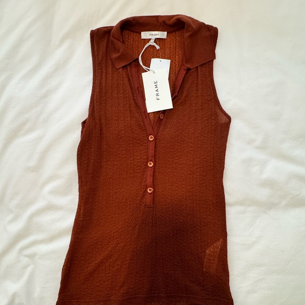 Frame Denim Brown Ribbed Sleeveless Polo Tank - size small - new with tags
